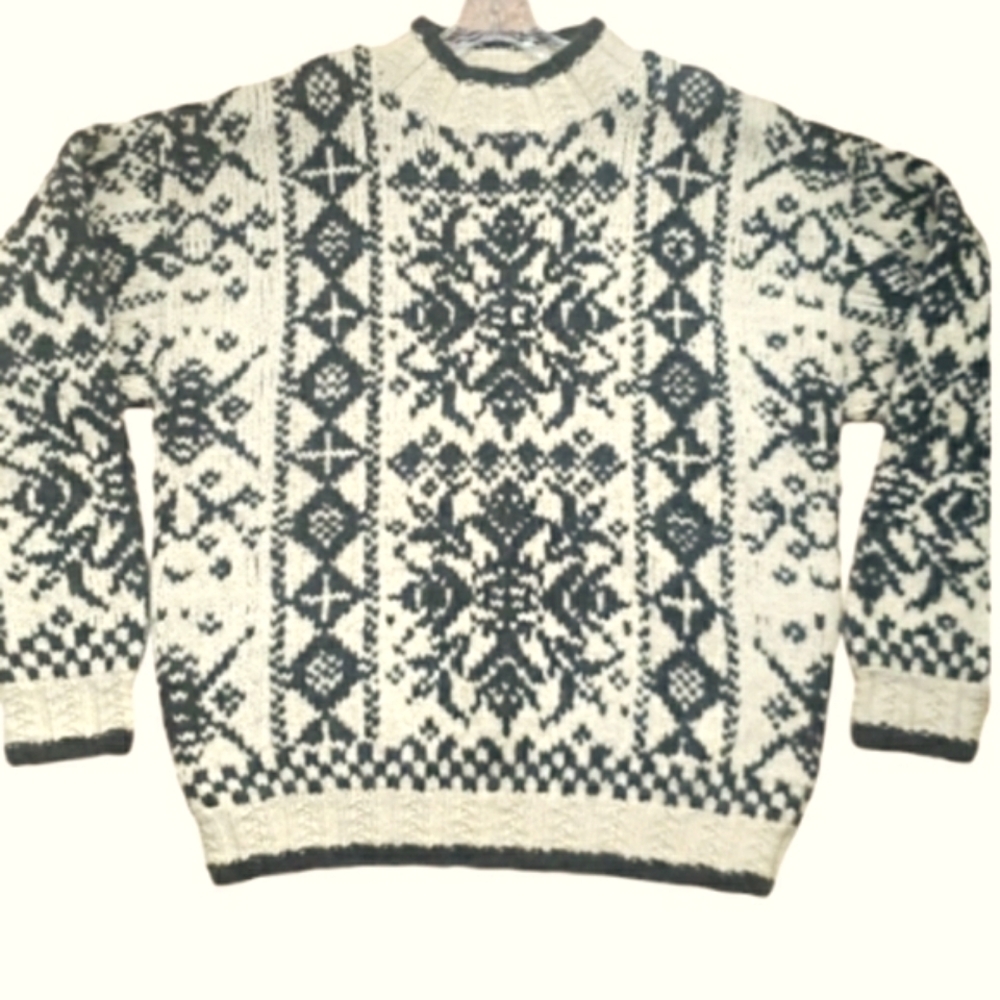 Vtg Club Room Knitted by Hand 100% Wool Sweater Cream Charcoal Patterned Heavy